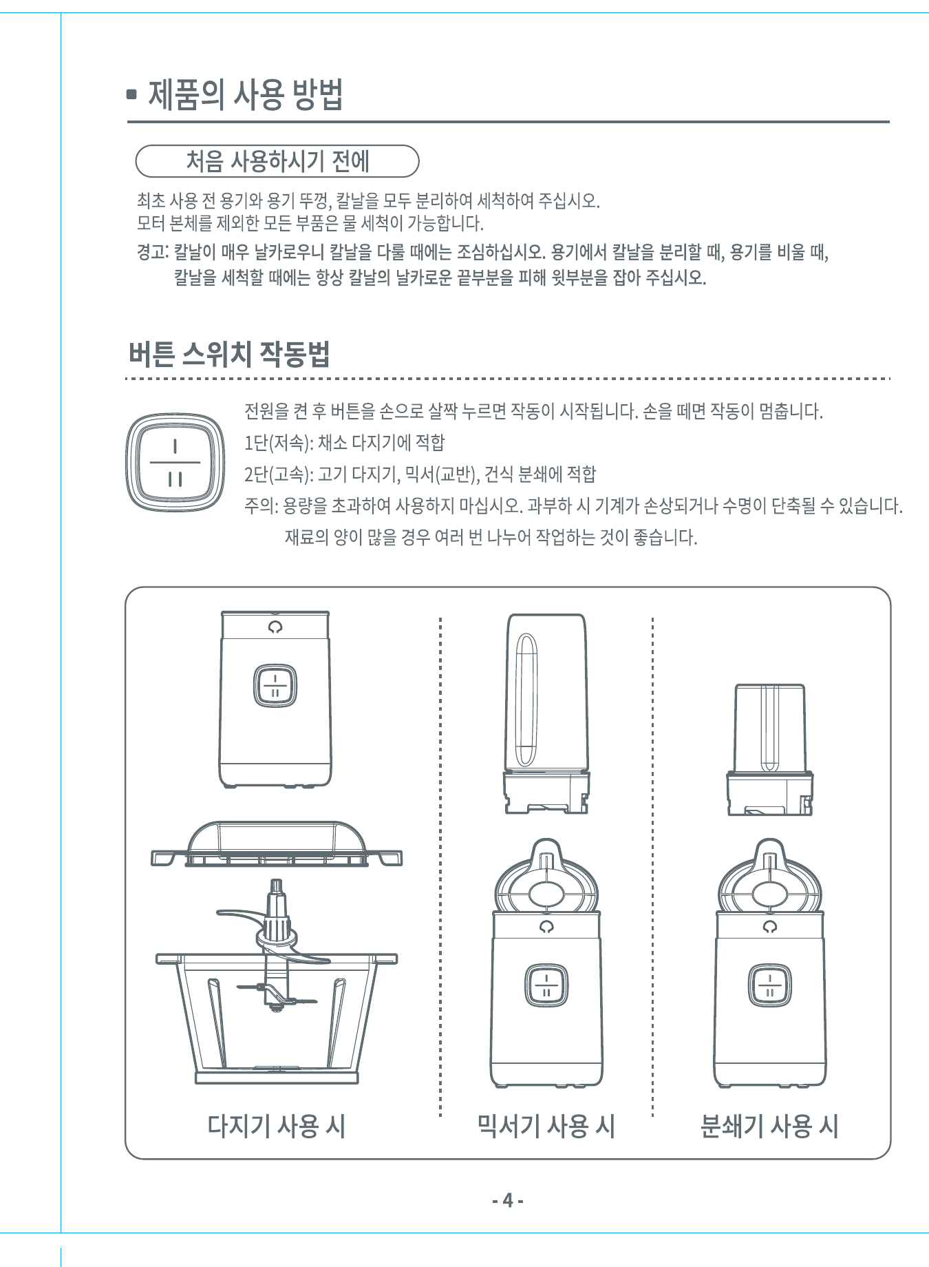 사용설명서의 다지기, 믹서기, 분쇄기 조립 방식과 버튼 안내
